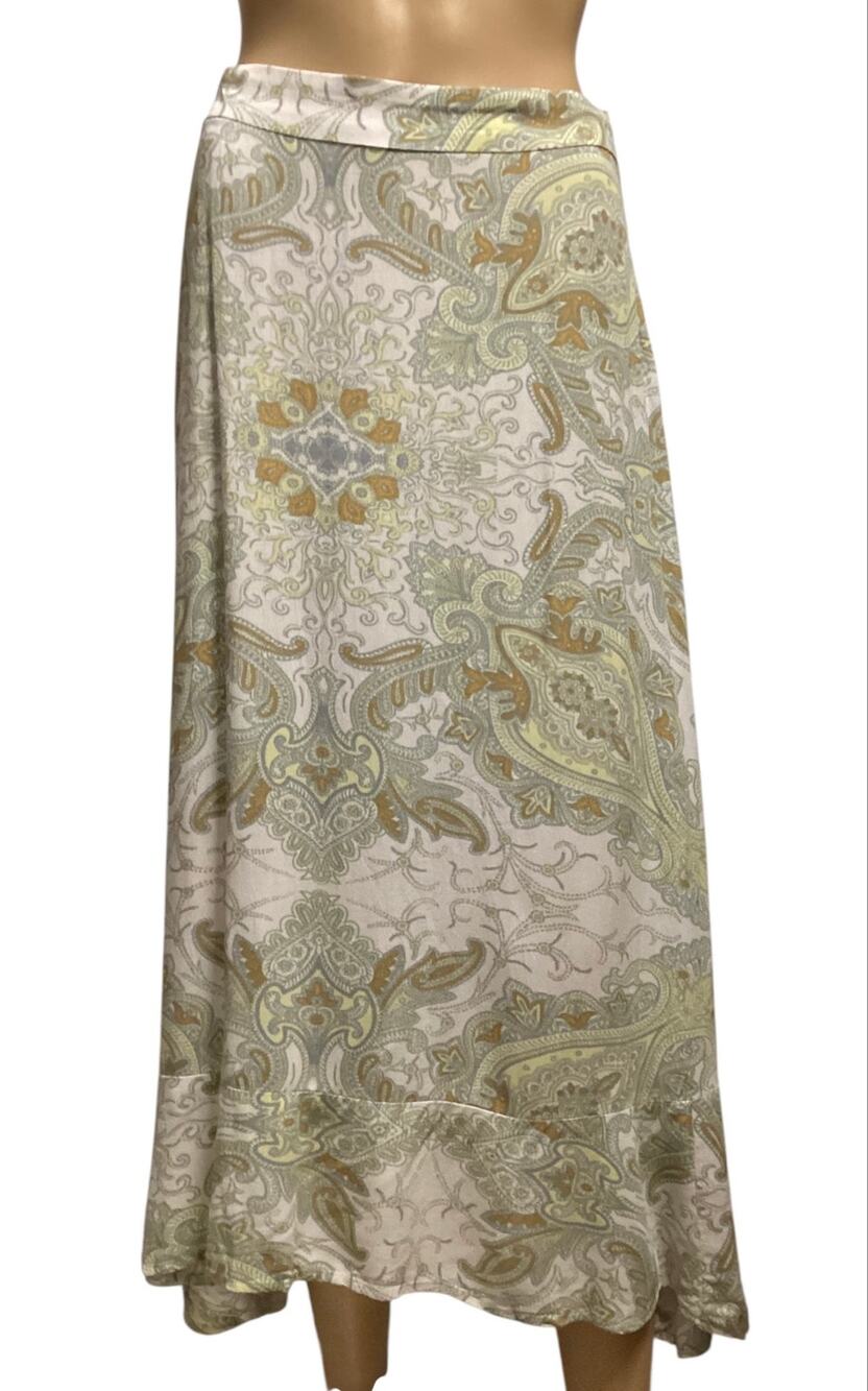 Free People‎ At The Shore Asymmetrical Midi Skirt Paisley Ivory Green Boho Sz 12